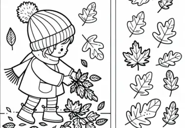 Kind sammelt Blätter für Herbarium – Malvorlage Herbst gratis