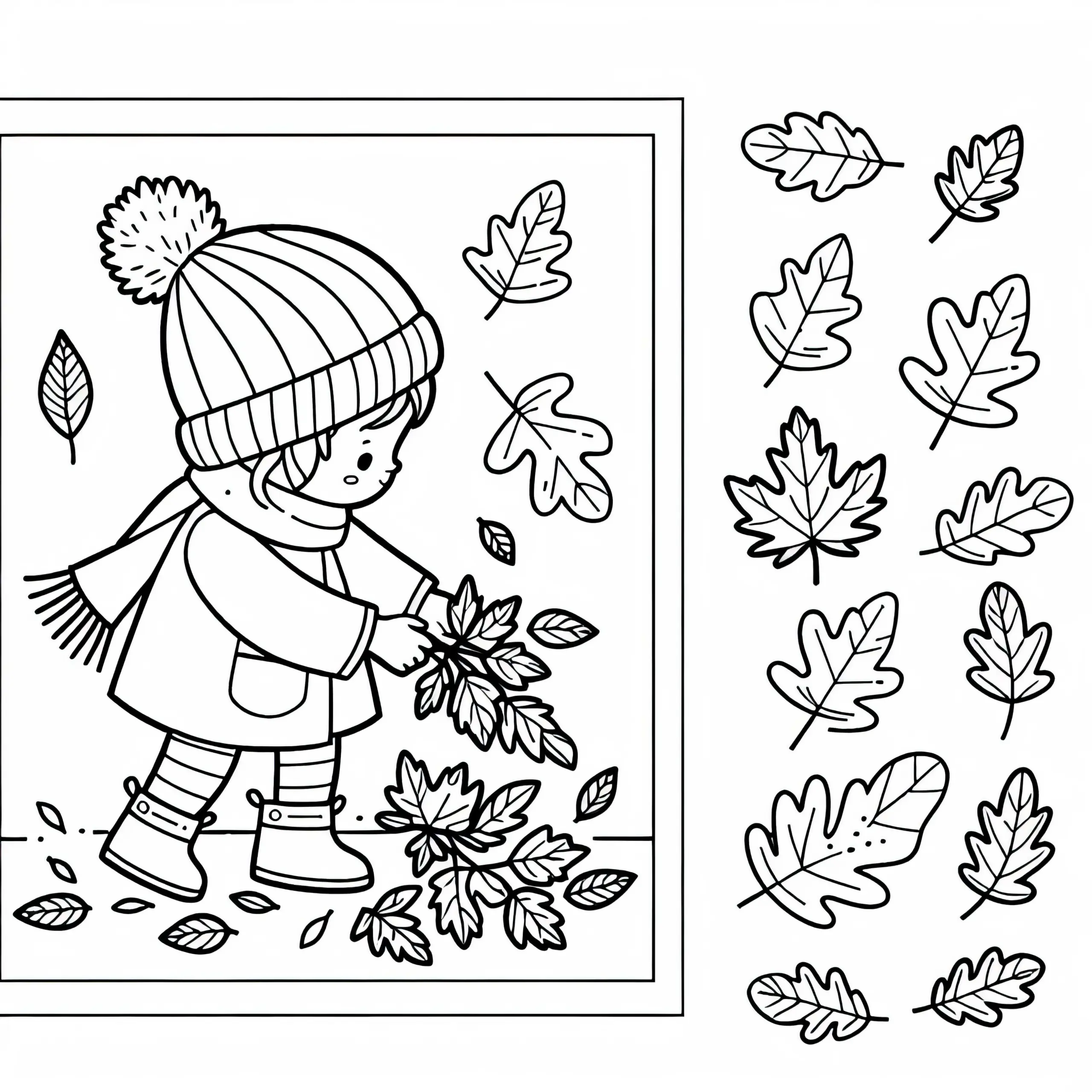 Kind sammelt Blätter für Herbarium – Malvorlage Herbst gratis (Ausmalbild)