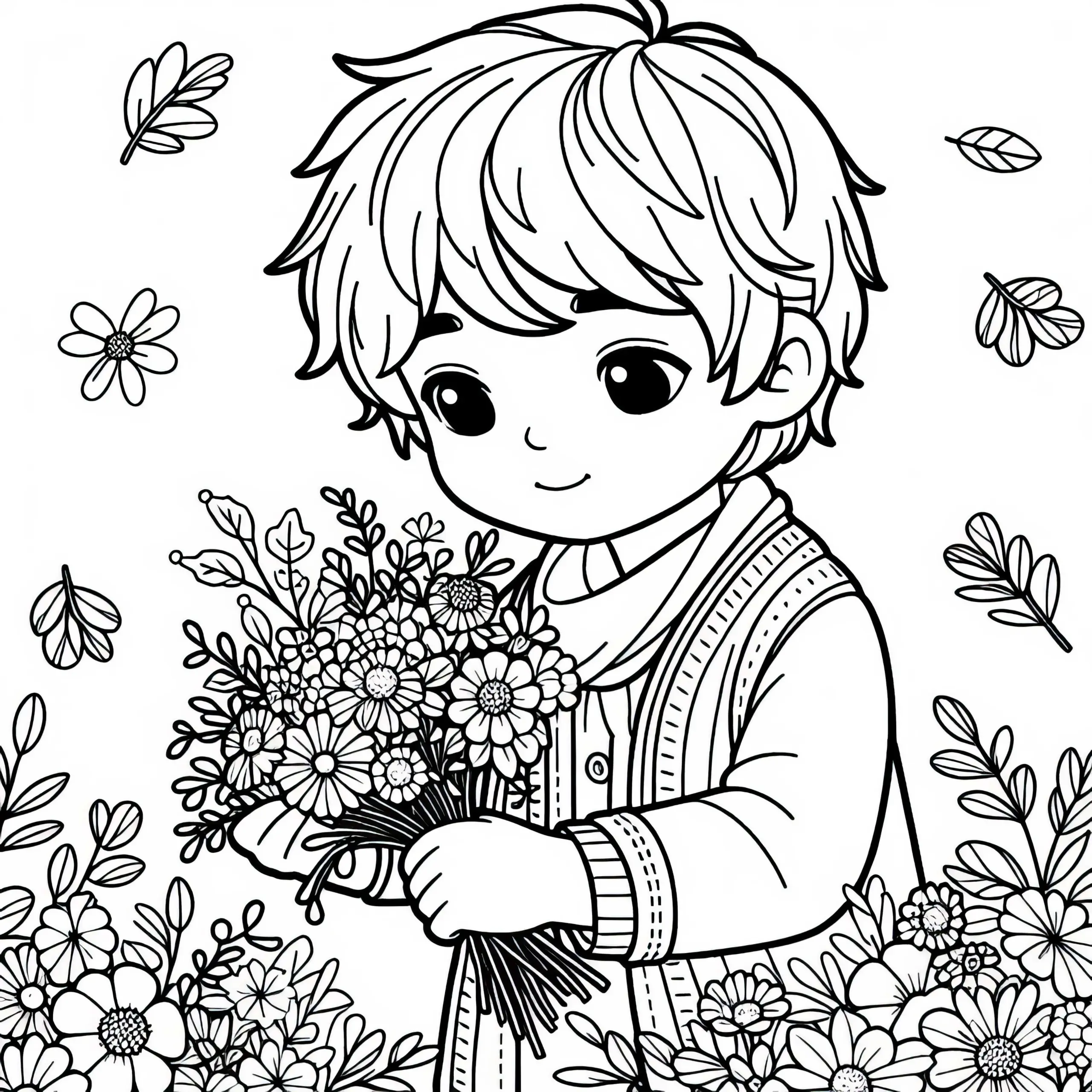 Kind sammelt Herbstblumen für Strauss – Ausmalbild gratis