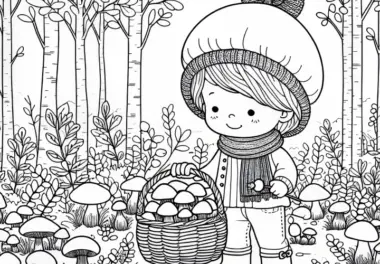 Kind sammelt Pilze im Wald mit Korb in der Hand – Ausmalbild Herbst Kostenlos