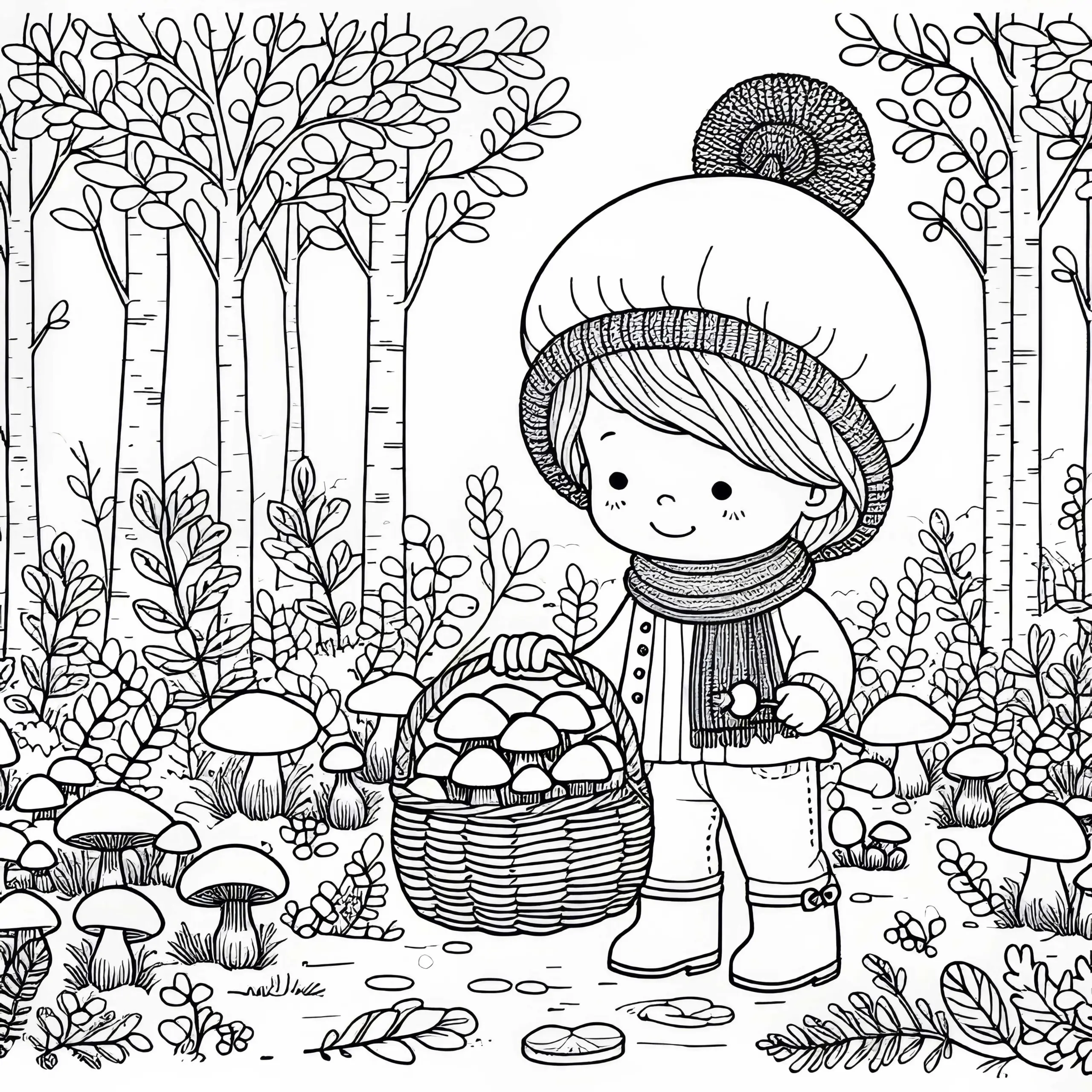 Kind sammelt Pilze im Wald mit Korb in der Hand – Ausmalbild Herbst Kostenlos
