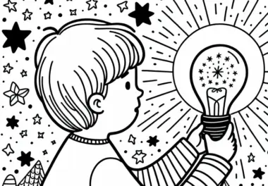 Kind schaltet das Nachtlicht mit Sternenmotiv ein – Malvorlage gratis