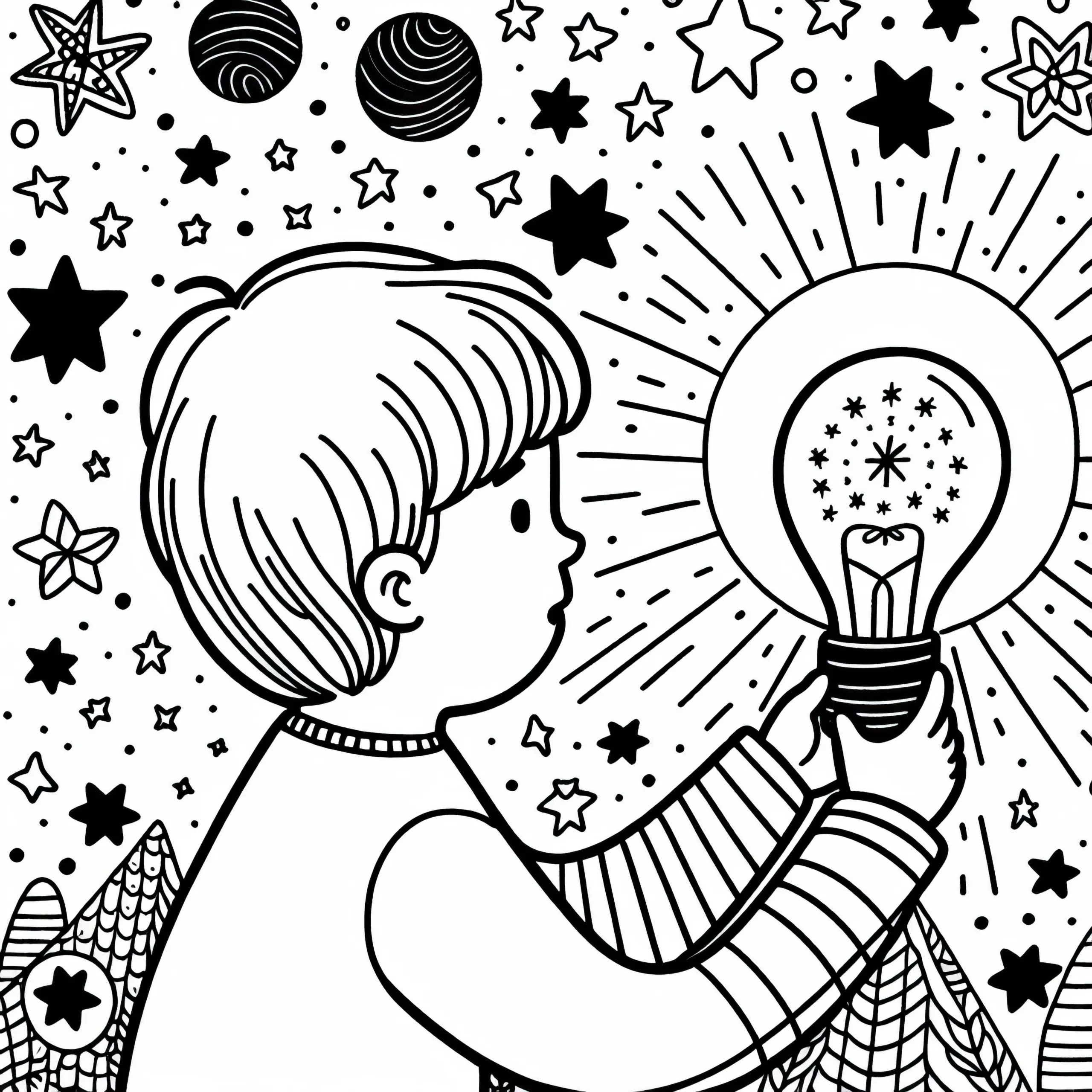 Kind schaltet das Nachtlicht mit Sternenmotiv ein – Malvorlage gratis (Ausmalbild)
