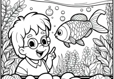 Kind schaut durch Aquarium mit Goldfisch – Ausmalbild kostenlos