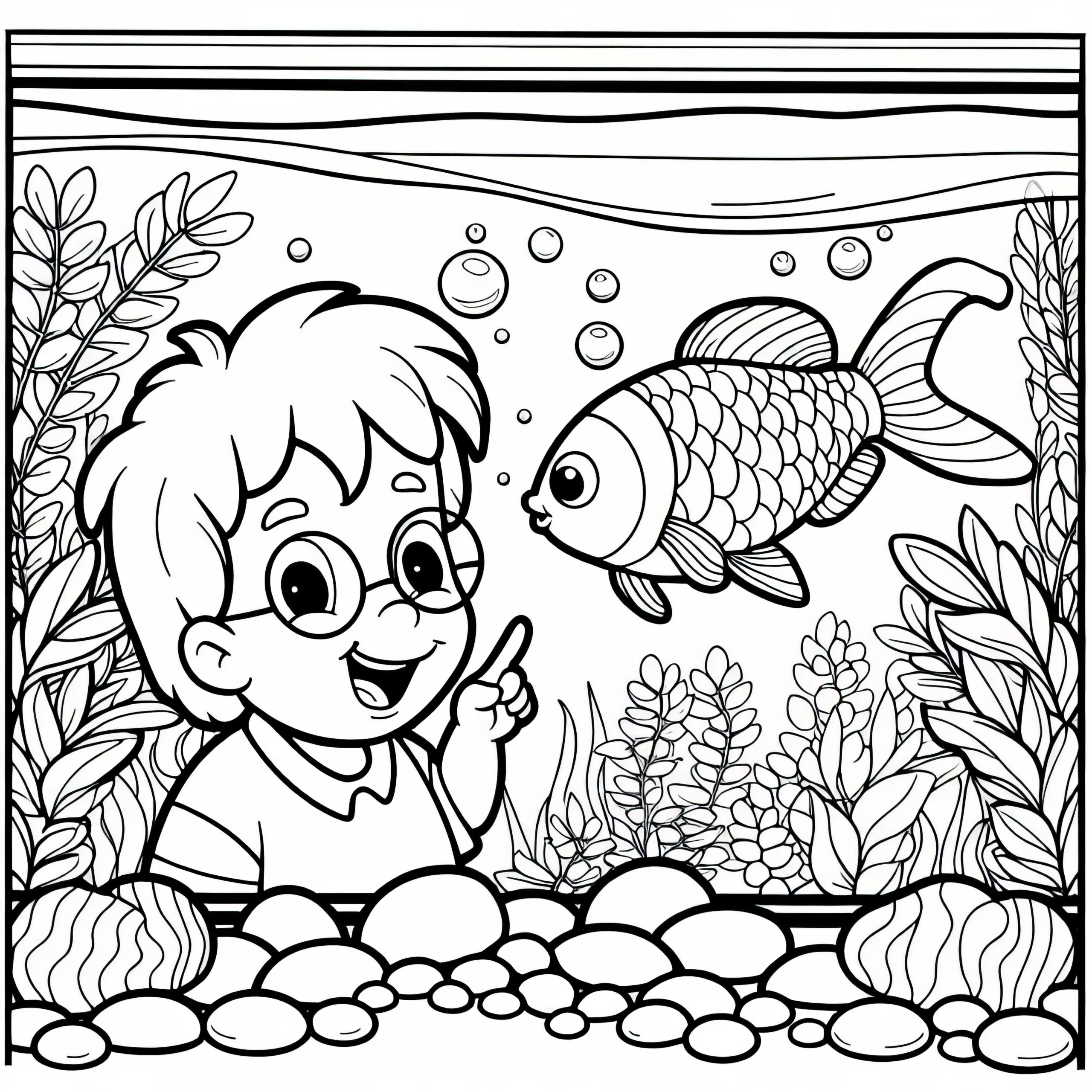 Kind schaut durch Aquarium mit Goldfisch – Ausmalbild kostenlos