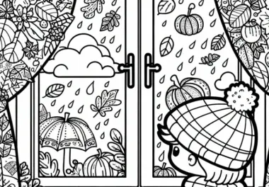 Kind schaut durch Fenster mit herbstlichen Fensterbildern – Malvorlage Herbst gratis