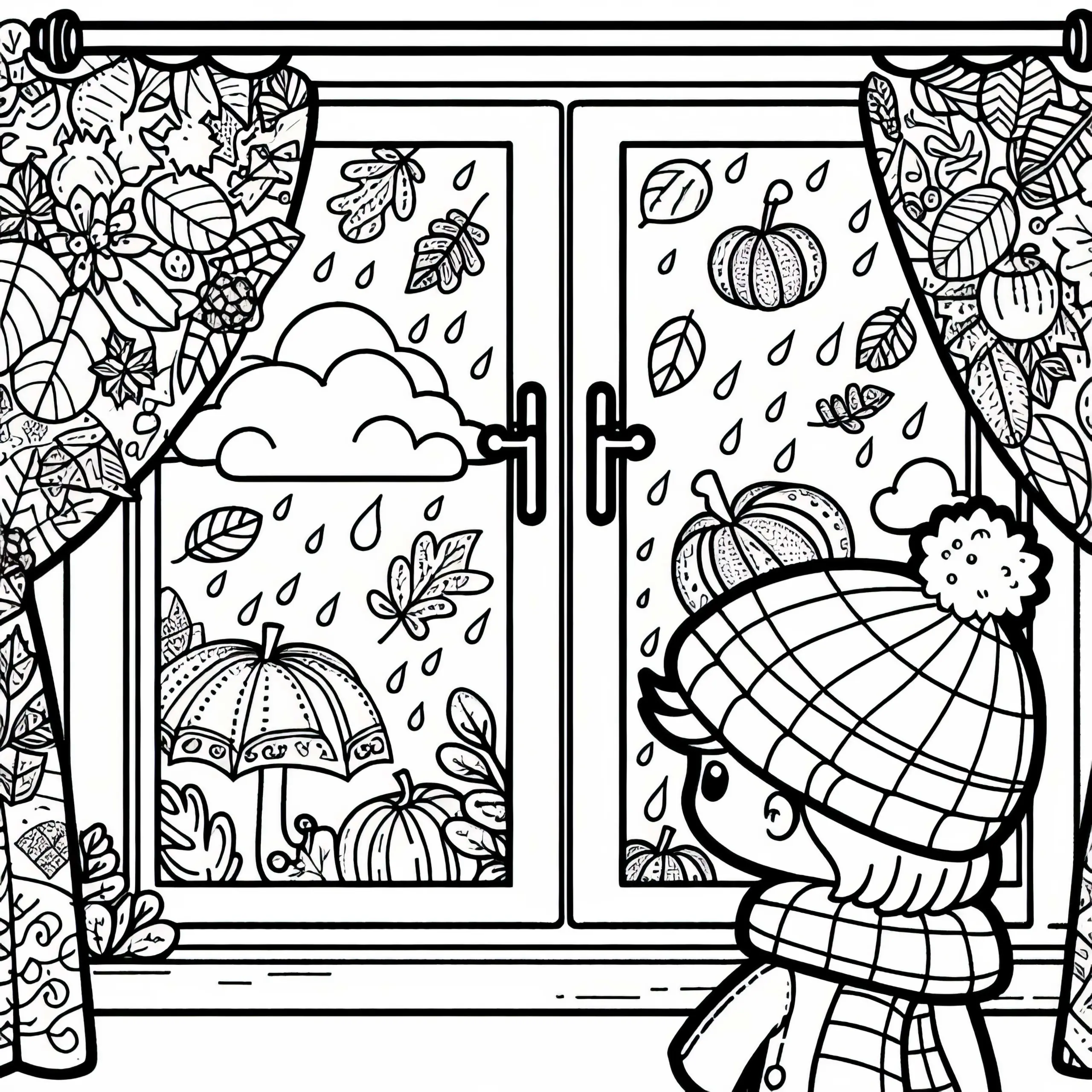 Kind schaut durch Fenster mit herbstlichen Fensterbildern – Malvorlage Herbst gratis (Ausmalbild)