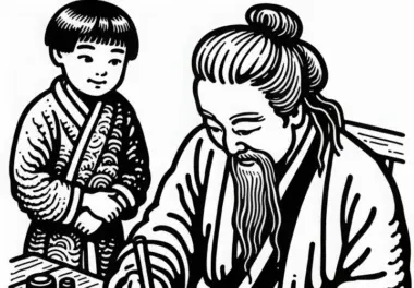 Kind schaut Kalligrafie Lehrer beim Schreiben zu – Malvorlage Altes Japan kostenlos