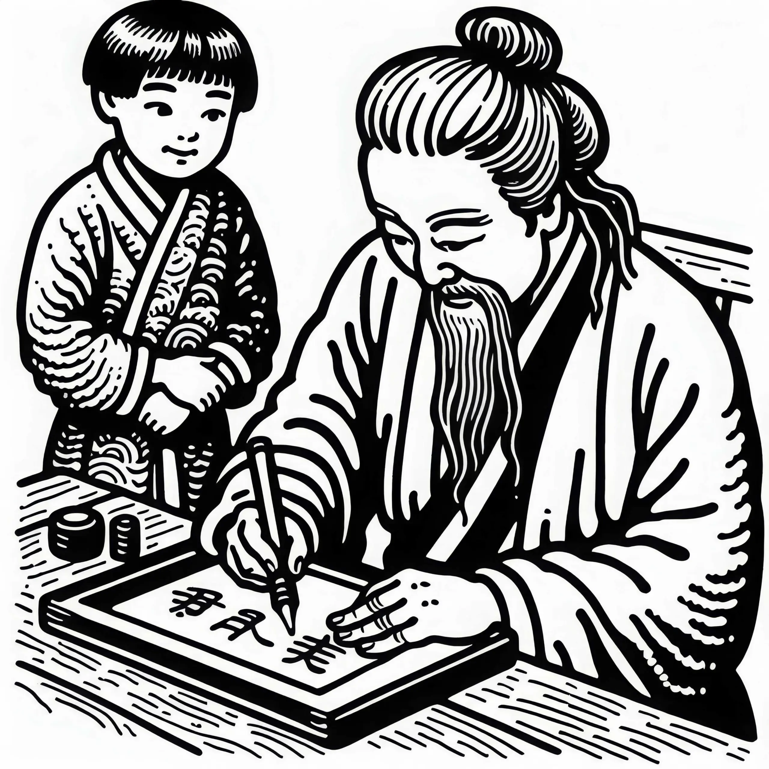 Kind schaut Kalligrafie Lehrer beim Schreiben zu – Malvorlage Altes Japan kostenlos (Ausmalbild)