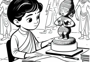 Kind schaut sich Figur in Form eines tanzenden Mädchen an – Indus Kultur Ausmalbild älteste Zivilisationen kostenlos