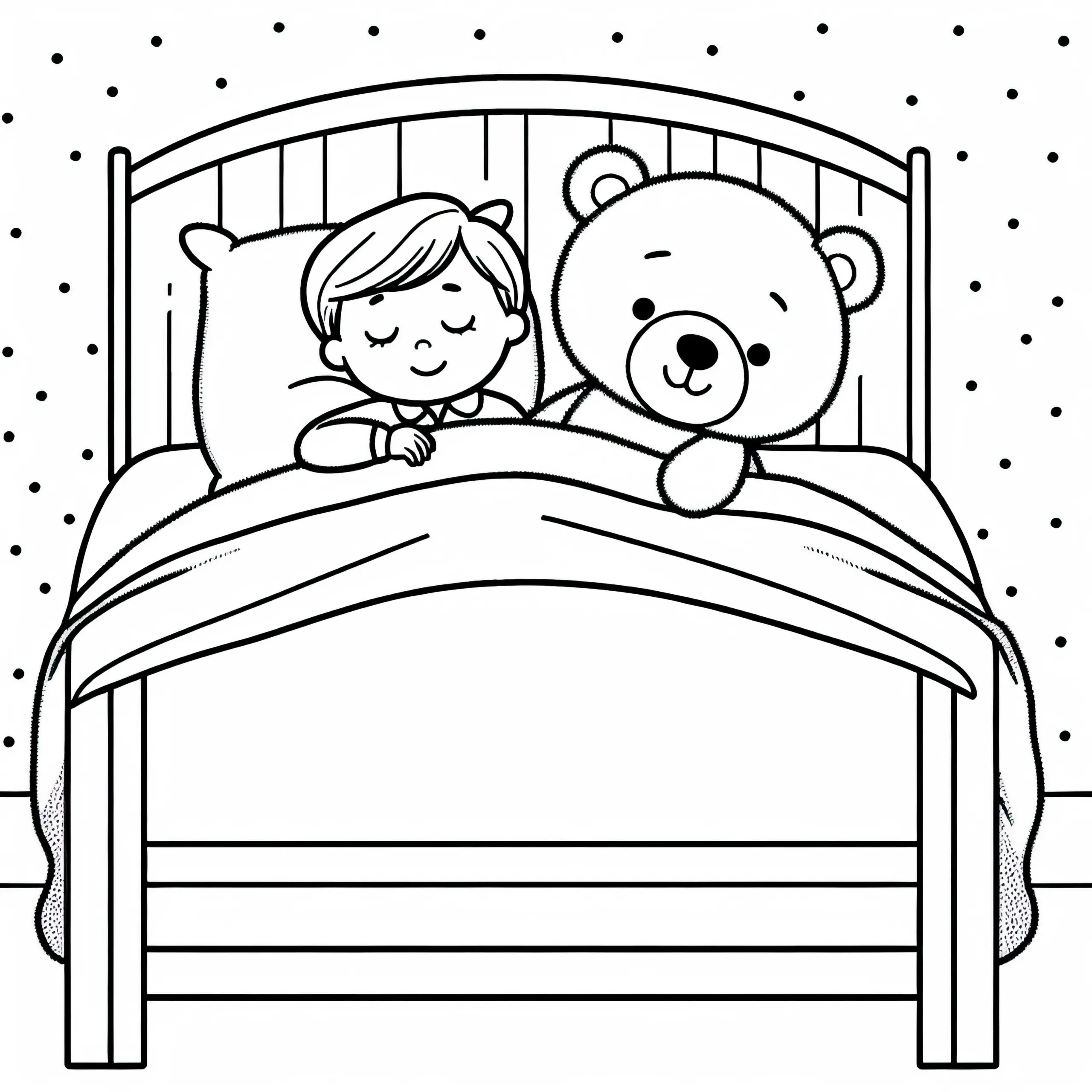 Kind schläft friedlich mit Teddybären im Bett – Ausmalbild gratis