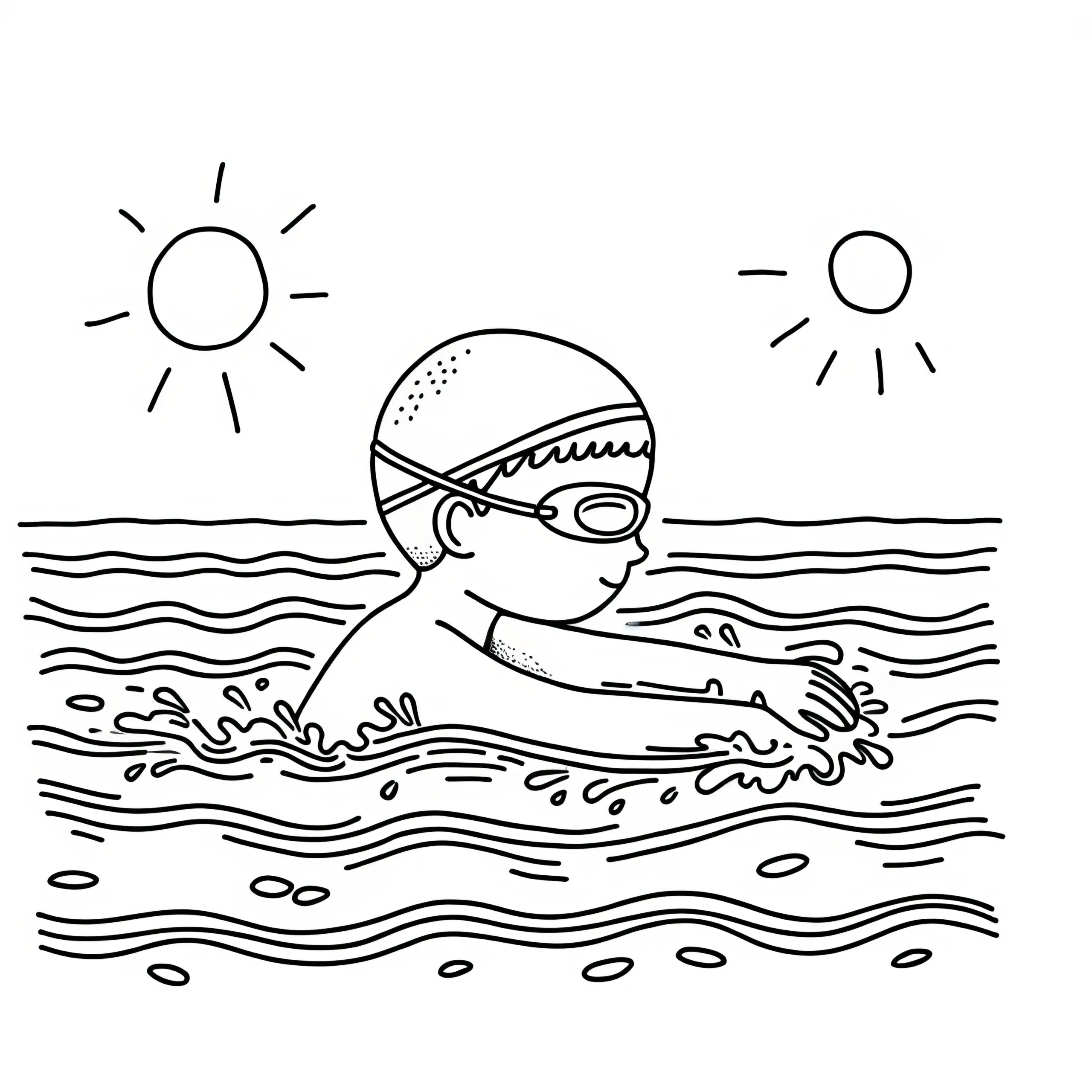 Kind beim Schwimmen: Malvorlage zum Herunterladen (Gratis) (Ausmalbild)