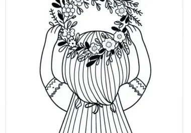 Kind setzt sich einen Blumenkranz auf den Kopf – Ausmalbild kostenlos