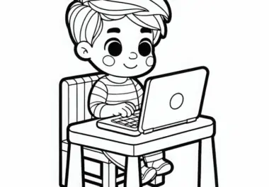 Kind sitzt am Spieltisch mit Laptop und arbeitet wie Mama oder Papa – Ausmalbild gratis