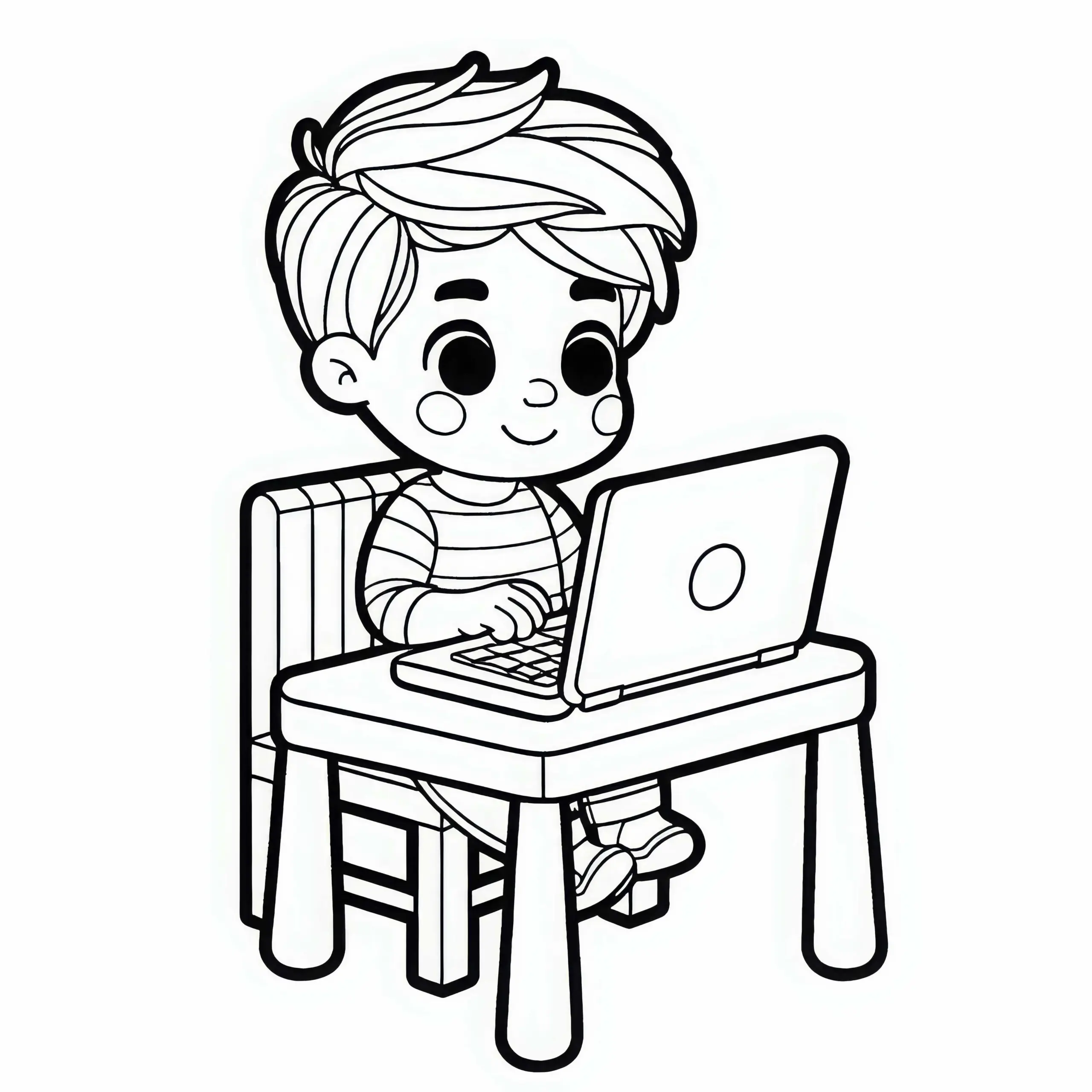 Kind sitzt am Spieltisch mit Laptop und arbeitet wie Mama oder Papa – Ausmalbild gratis
