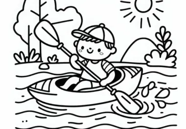 Kind sitzt im Kajak, übt das Paddeln im flachen Wasser – Malvorlage kostenlos