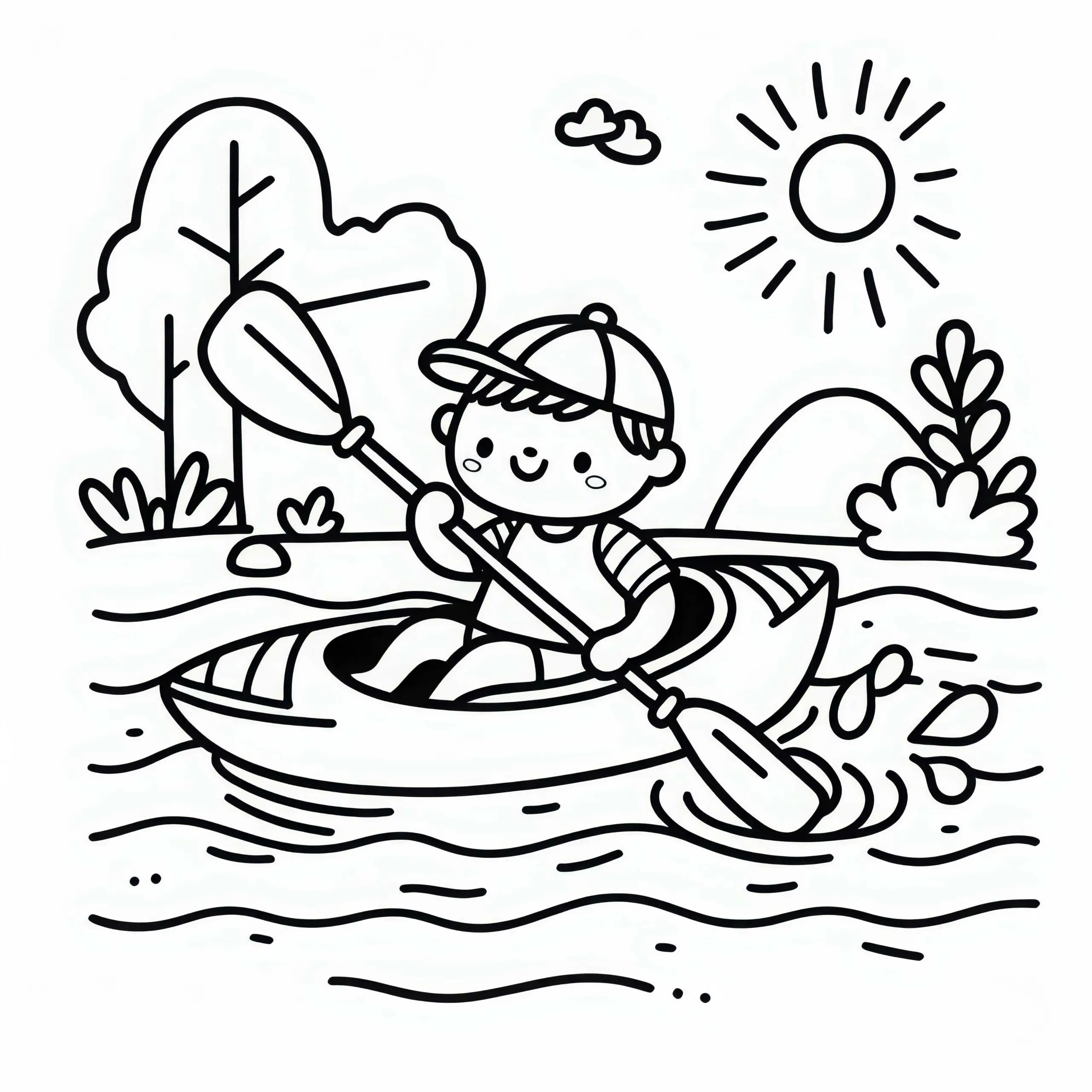 Kind sitzt im Kajak, übt das Paddeln im flachen Wasser – Malvorlage kostenlos (Ausmalbild)