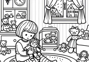 Kind spielt gemütlich mit Puppen im Kinderzimmer – Ausmalbild kostenlos herunterladen