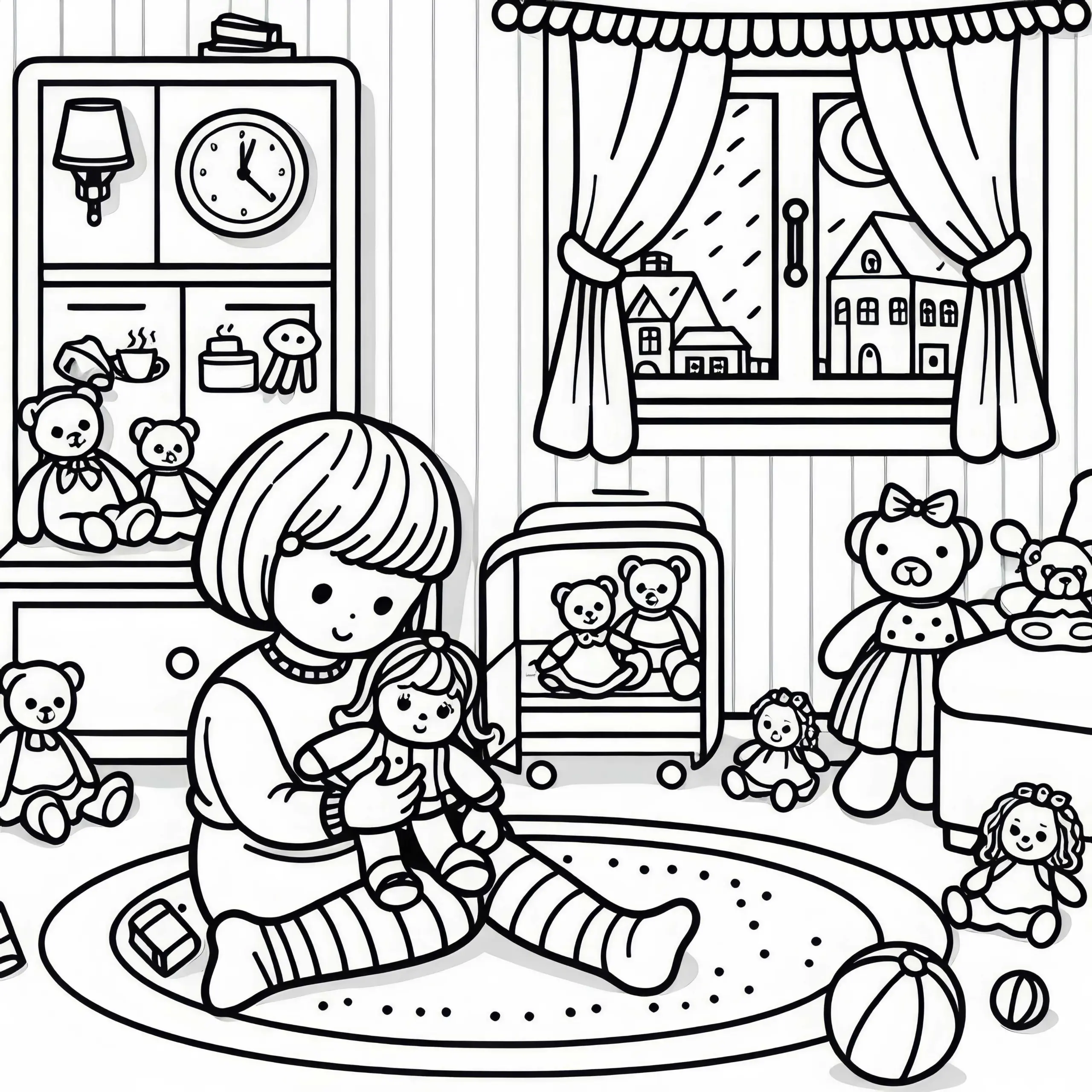 Kind spielt gemütlich mit Puppen im Kinderzimmer – Ausmalbild kostenlos herunterladen