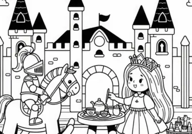 Kind spielt Königin und besucht Ritterburg zur Teezeit – Malvorlage kostenlos