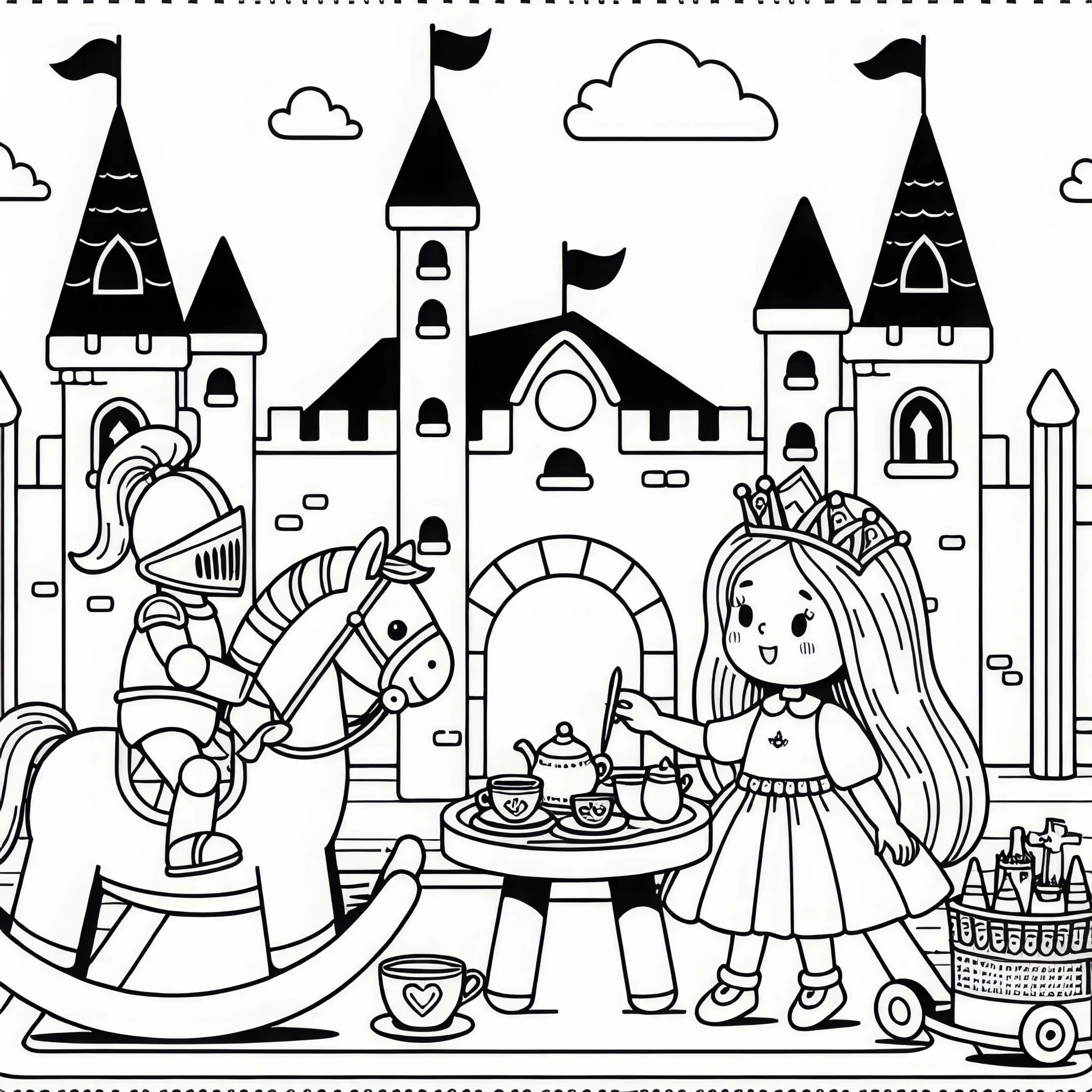 Kind spielt Königin und besucht Ritterburg zur Teezeit – Malvorlage kostenlos (Ausmalbild)