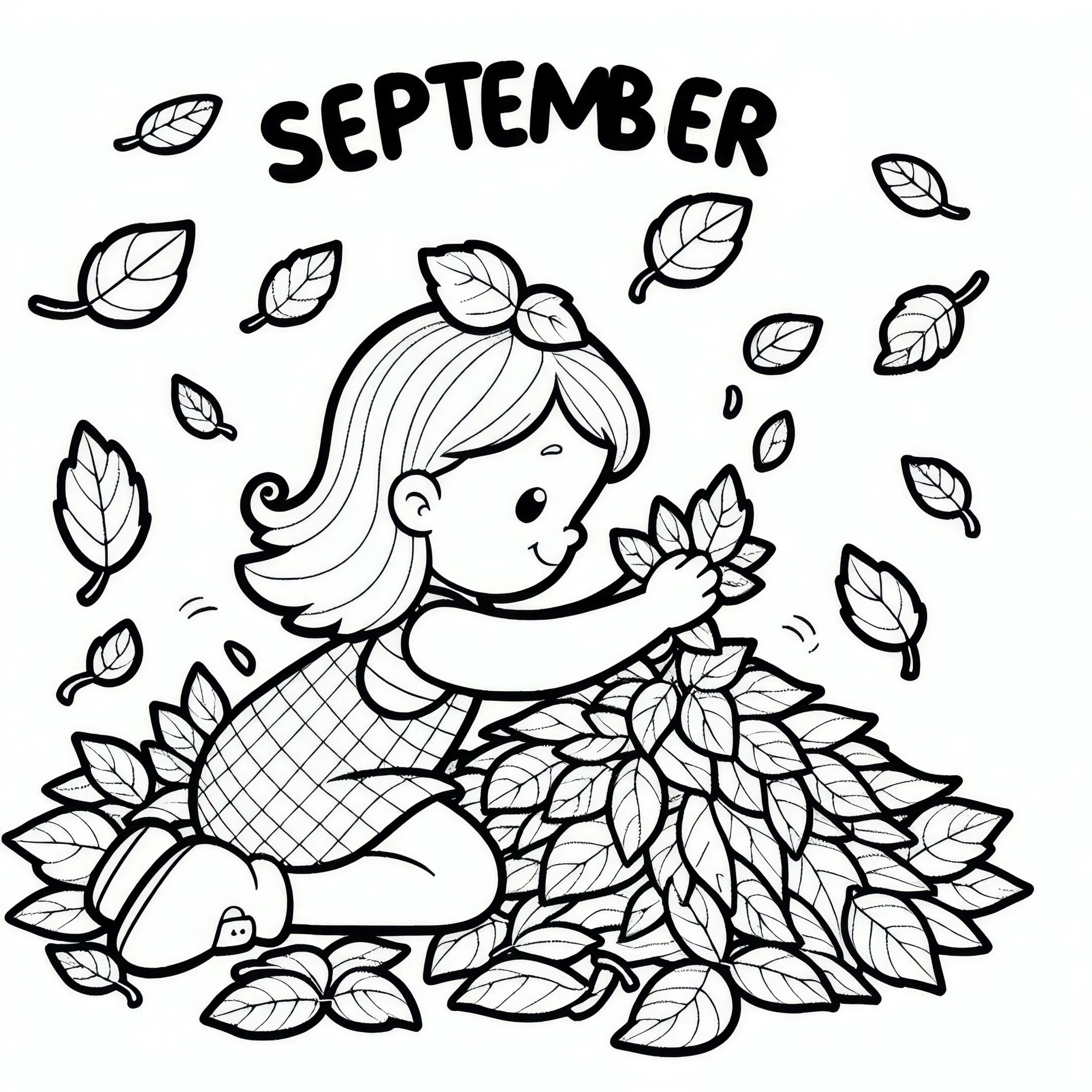 Kind spielt in Laubhaufen im September: Ausmalbild zum Herunterladen (Kostenlos)