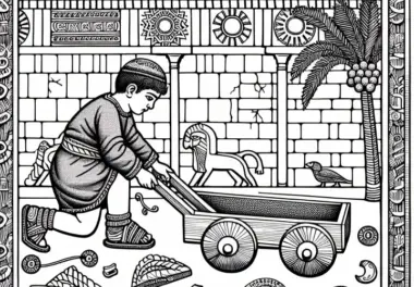 Kind spielt mit Wagen mit Holzrädern – Ausmalbild Mesopotamien gratis