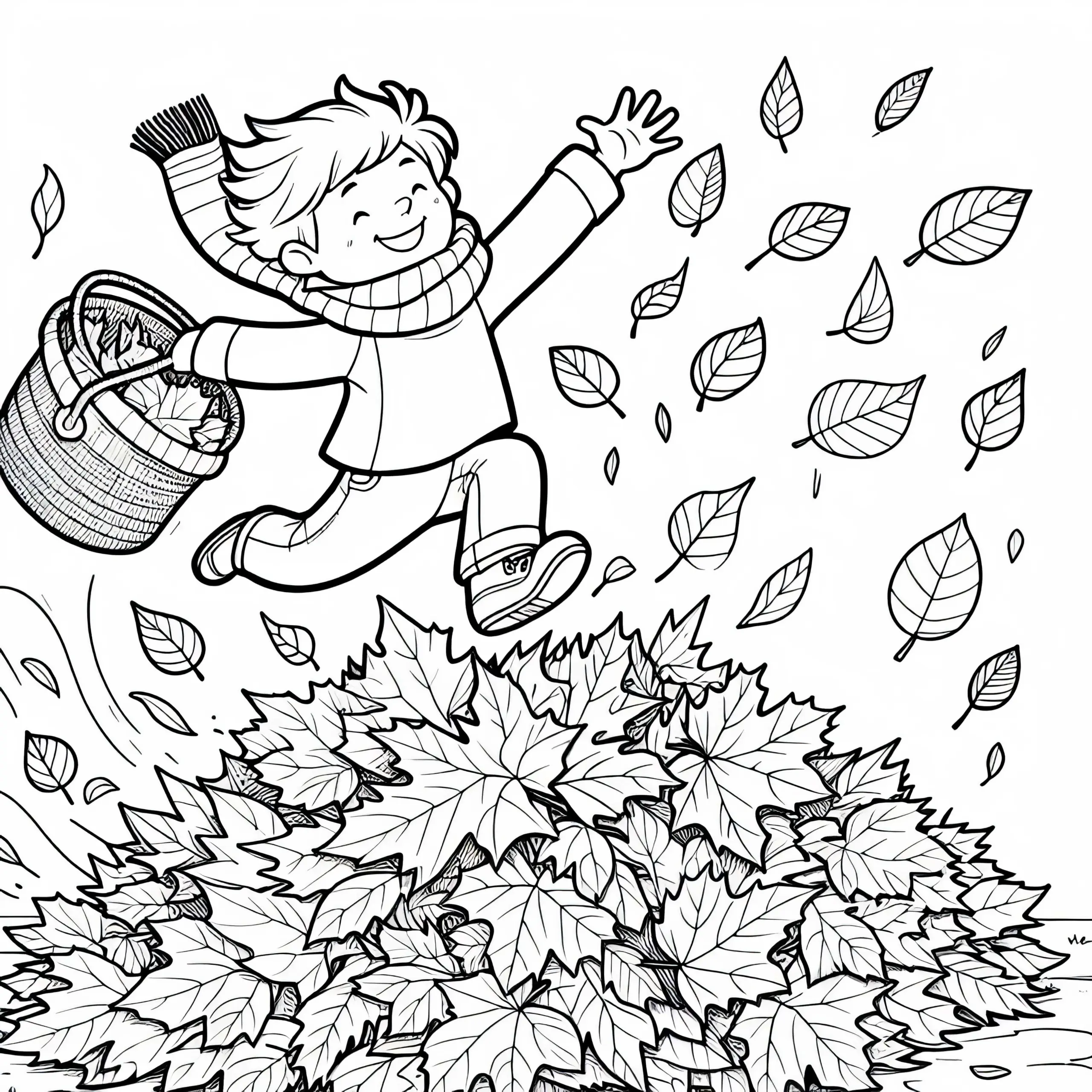 Kind springt lachend in Laubhaufen – Ausmalbild Herbst kostenlos
