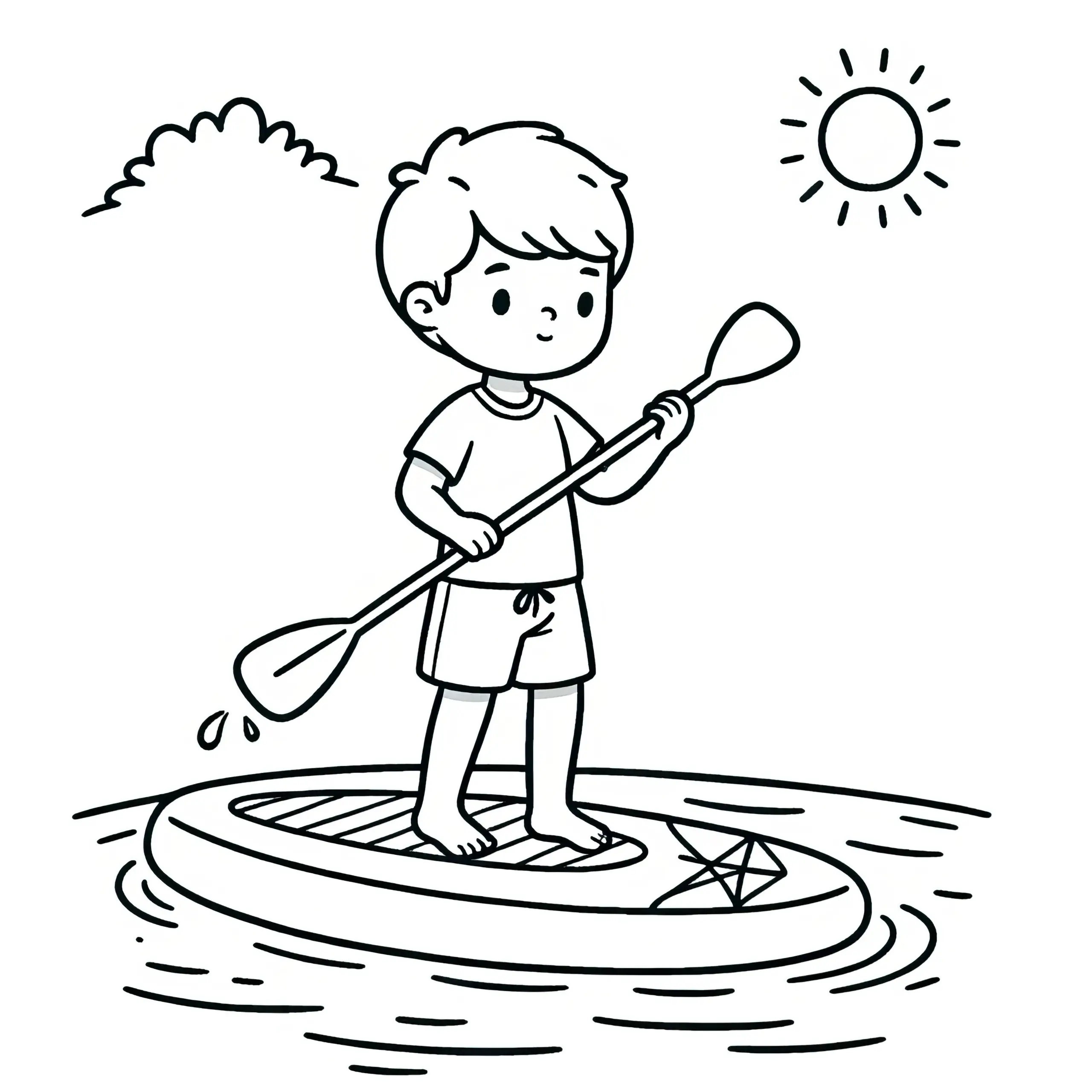 Kind beim Stand-up-Paddling: Malvorlage zum Download (Kostenlos) (Ausmalbild)