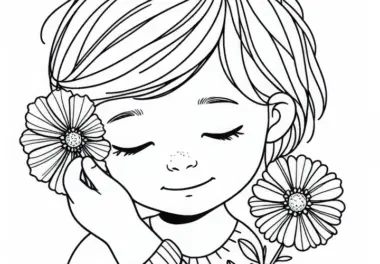 Kind steckt sich Blume ins Schmuckkörbchen hinter das Ohr – Malvorlage gratis