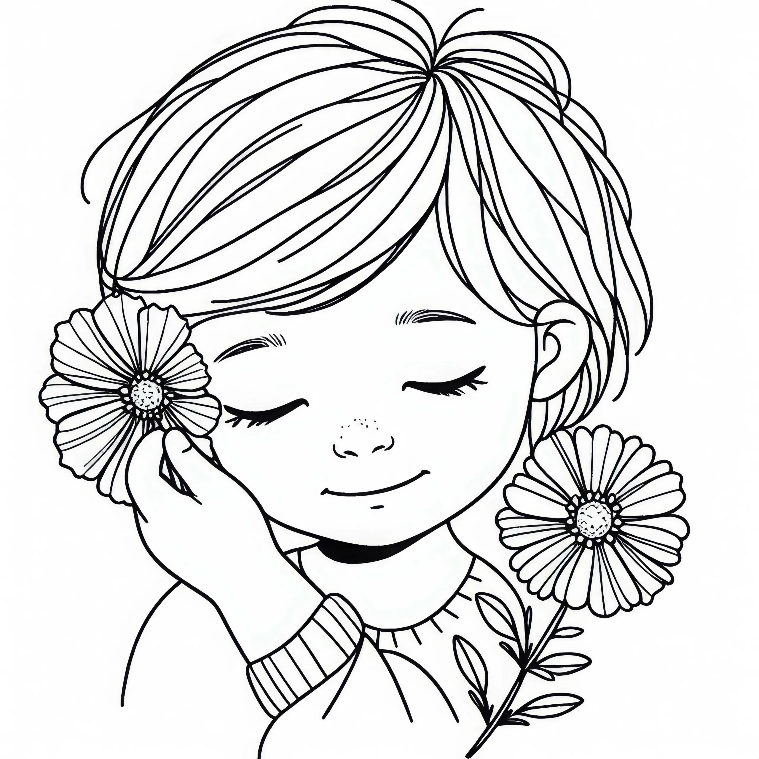 Kind steckt sich Blume ins Schmuckkörbchen hinter das Ohr – Malvorlage gratis (Ausmalbild)