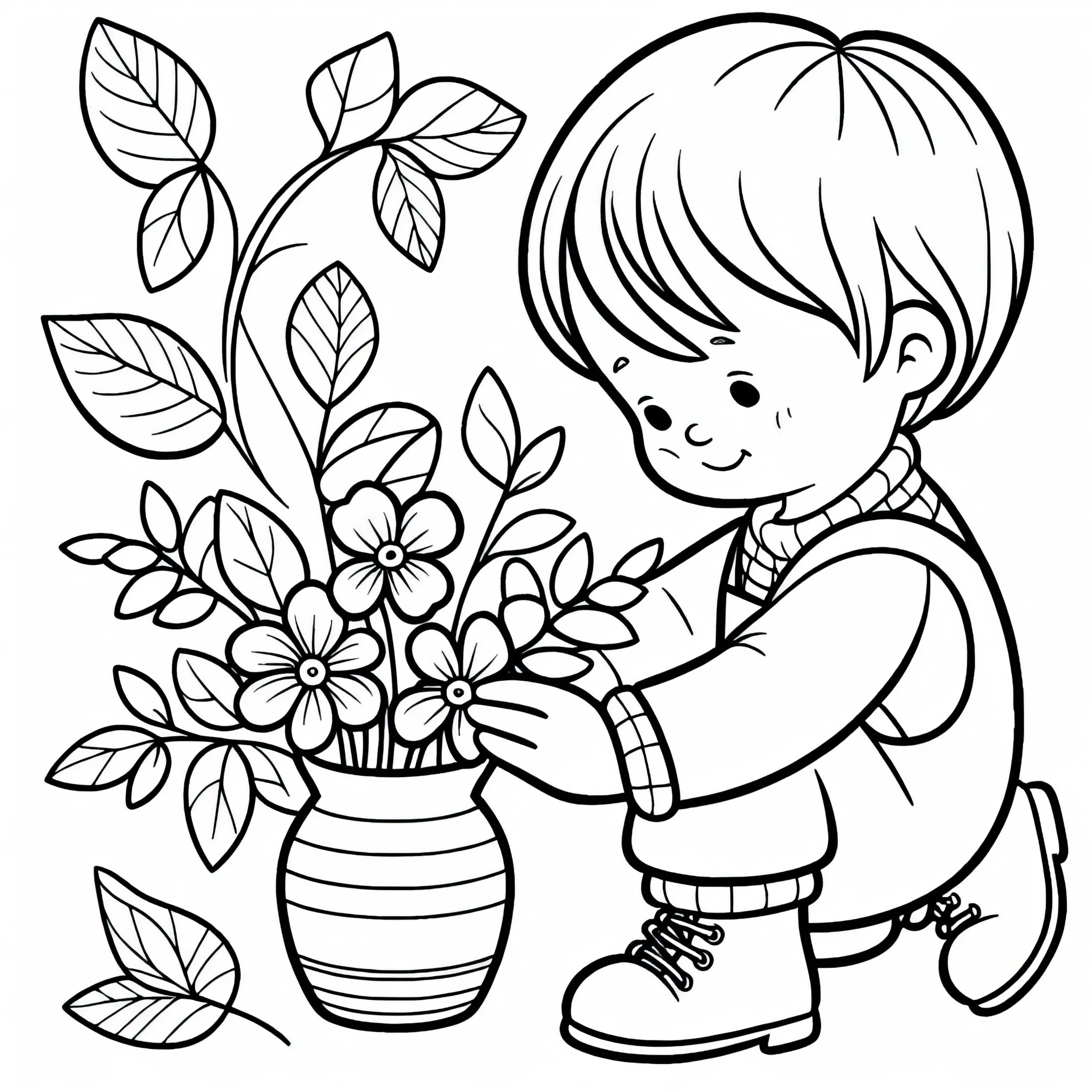 Kind steckt Veilchen in Vase – Malvorlage kostenlos (Ausmalbild)