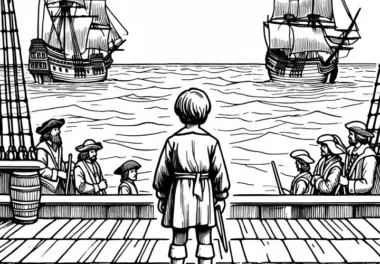 Kind steht auf Deck der Santa Maria und schaut über das Meer – Malvorlage Entdeckung Amerikas gratis