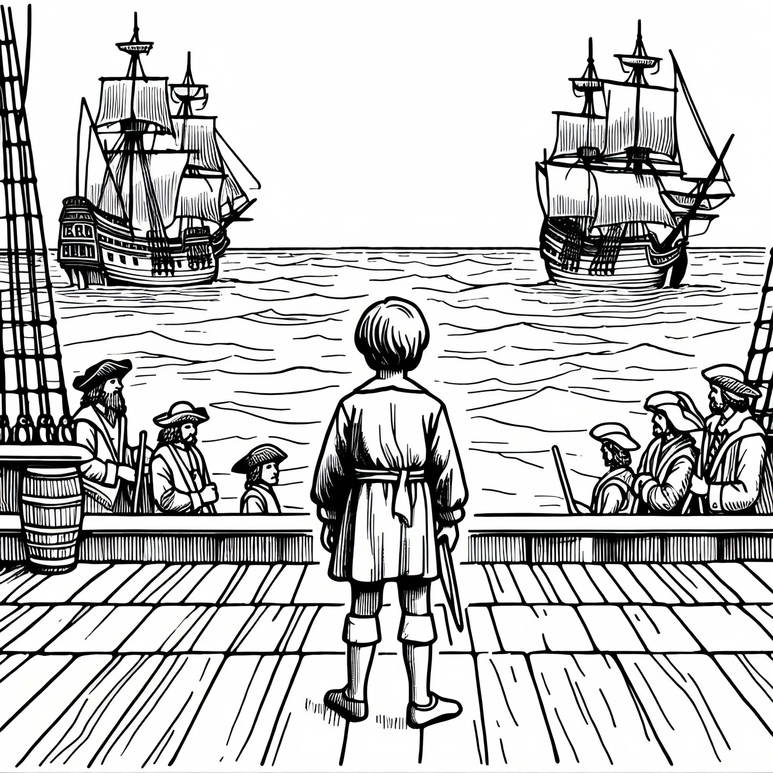 Kind steht auf Deck der Santa Maria und schaut über das Meer – Malvorlage Entdeckung Amerikas gratis (Ausmalbild)