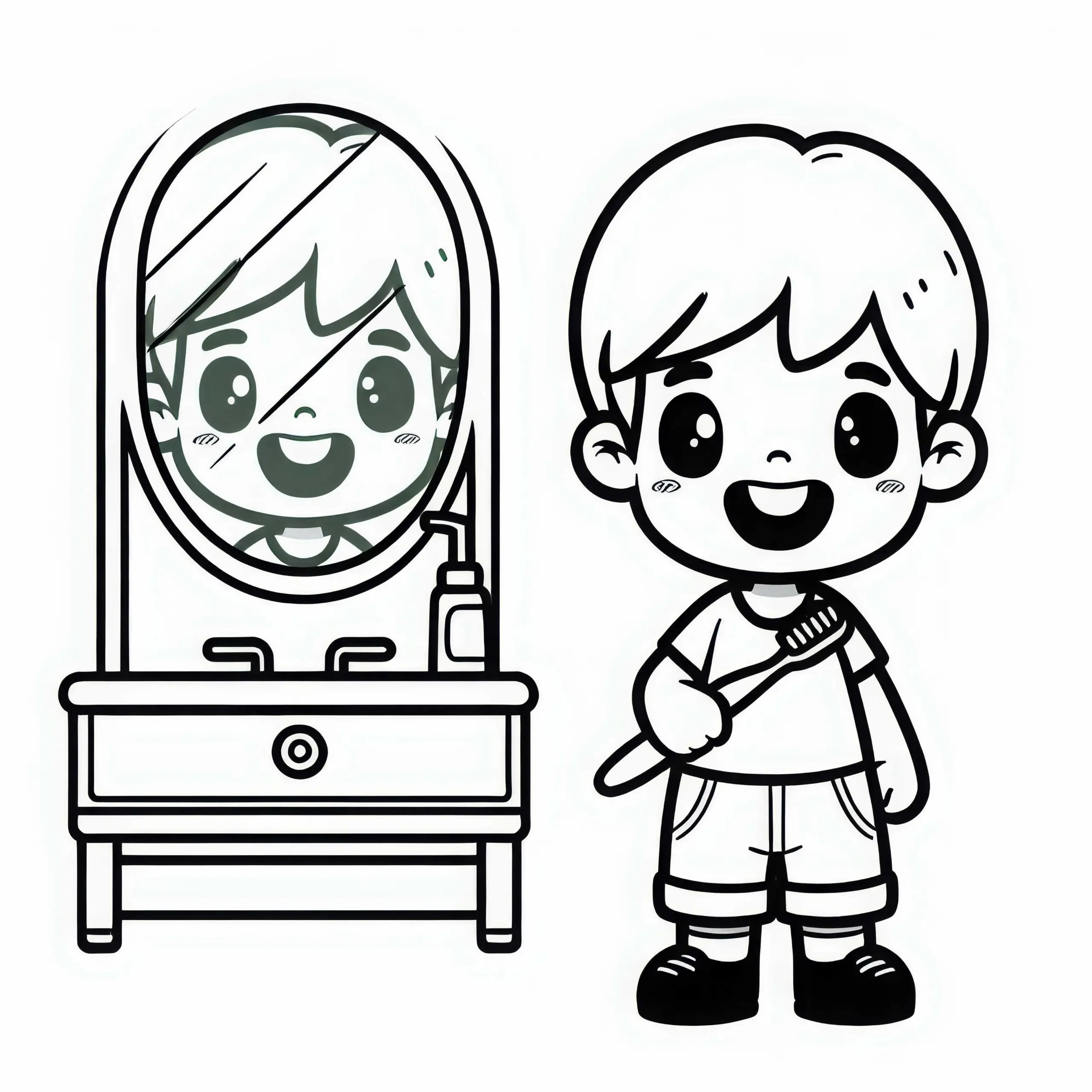Kind steht mit Zahnbürste vorm Spiegel und grinzt – Ausmalbild kostenlos