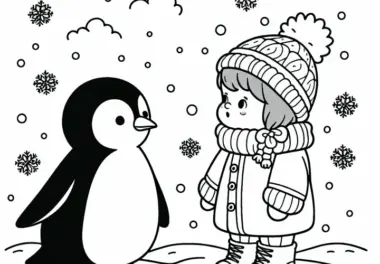 Kind steht neben Pinguin im Schnee – Ausmalbild kostenlos herunterladen