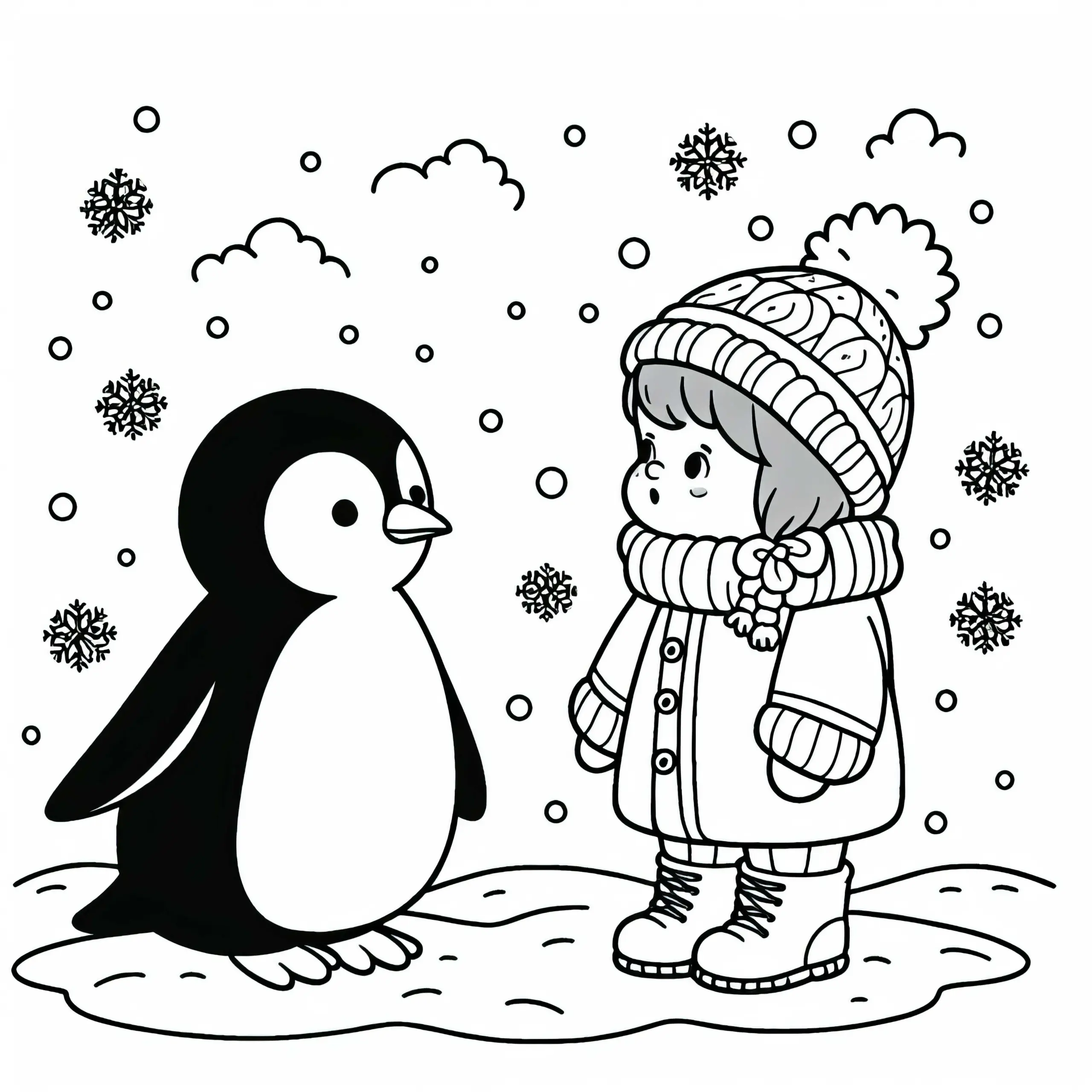 Kind steht neben Pinguin im Schnee – Ausmalbild kostenlos herunterladen