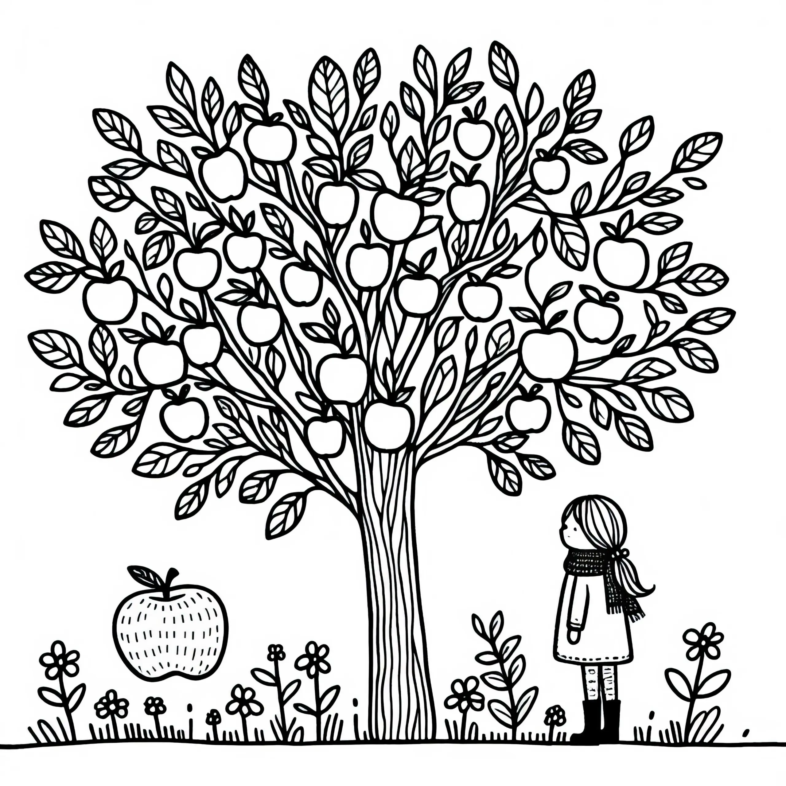 Kind steht unter Apfelbaum Malvorlage gratis (Ausmalbild)
