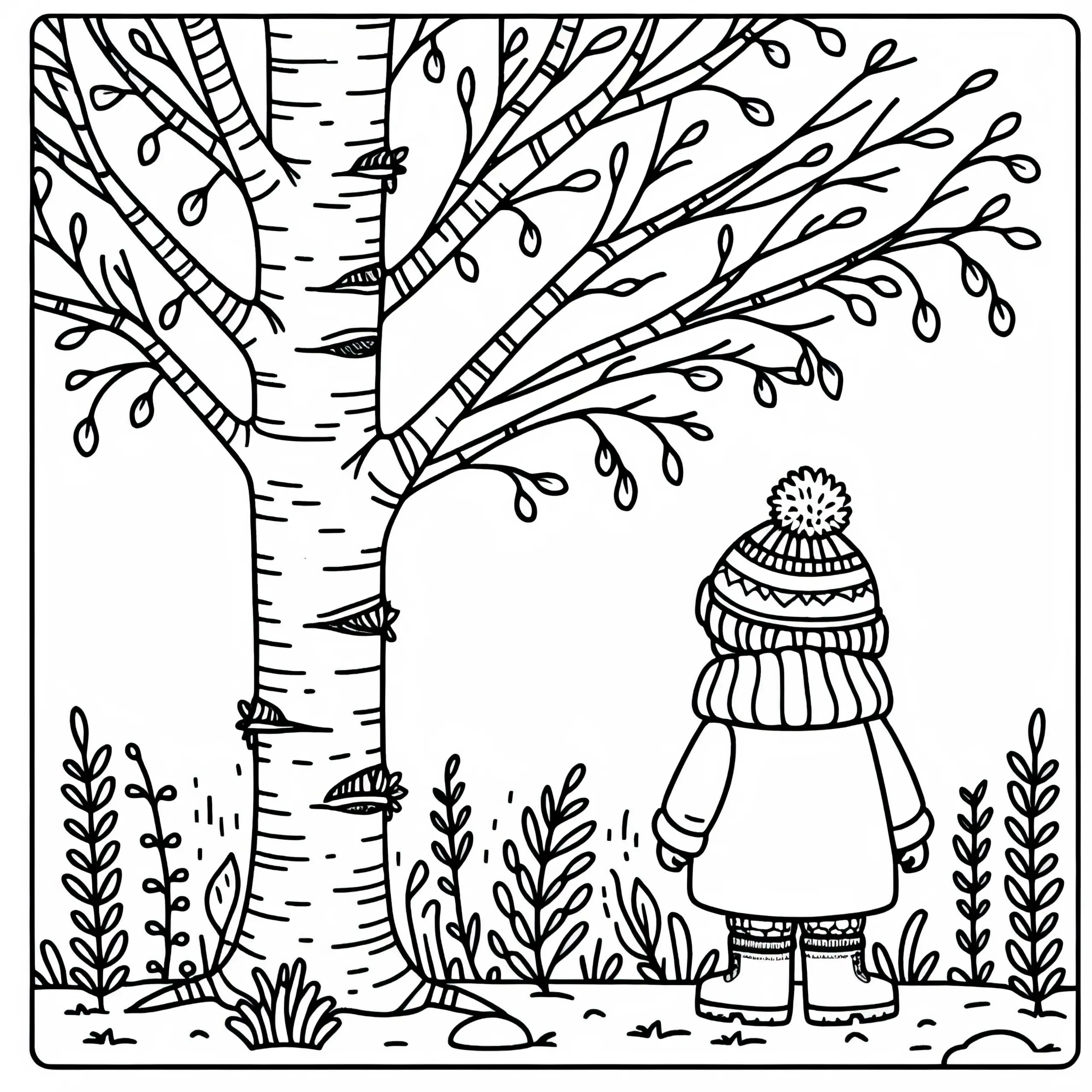 Kind steht unter Birke – Ausmalbild kostenlos