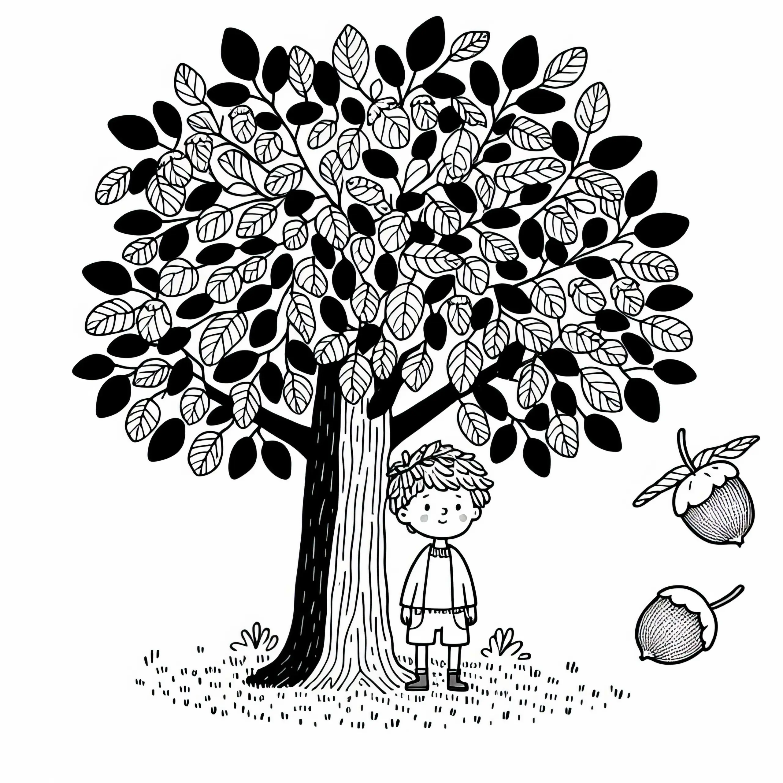 Kind steht unter Haselnussbaum Malvorlage Kostenlos (Ausmalbild)