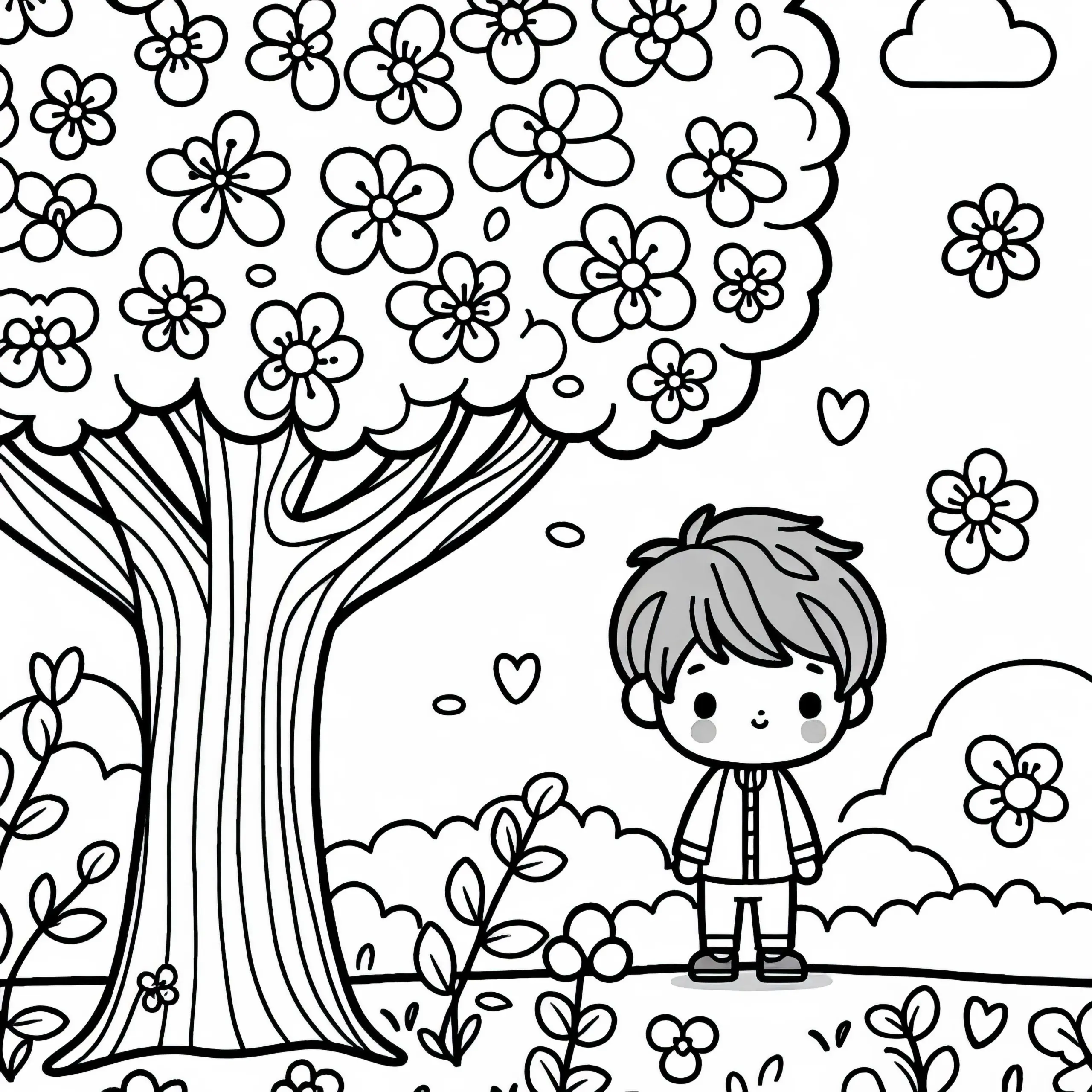 Kind steht unter Kirschbaum Ausmalbild gratis