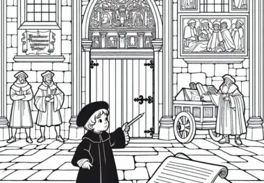 Kind steht vor Kirchentür in Wittenberg – Malvorlage Reformation gratis