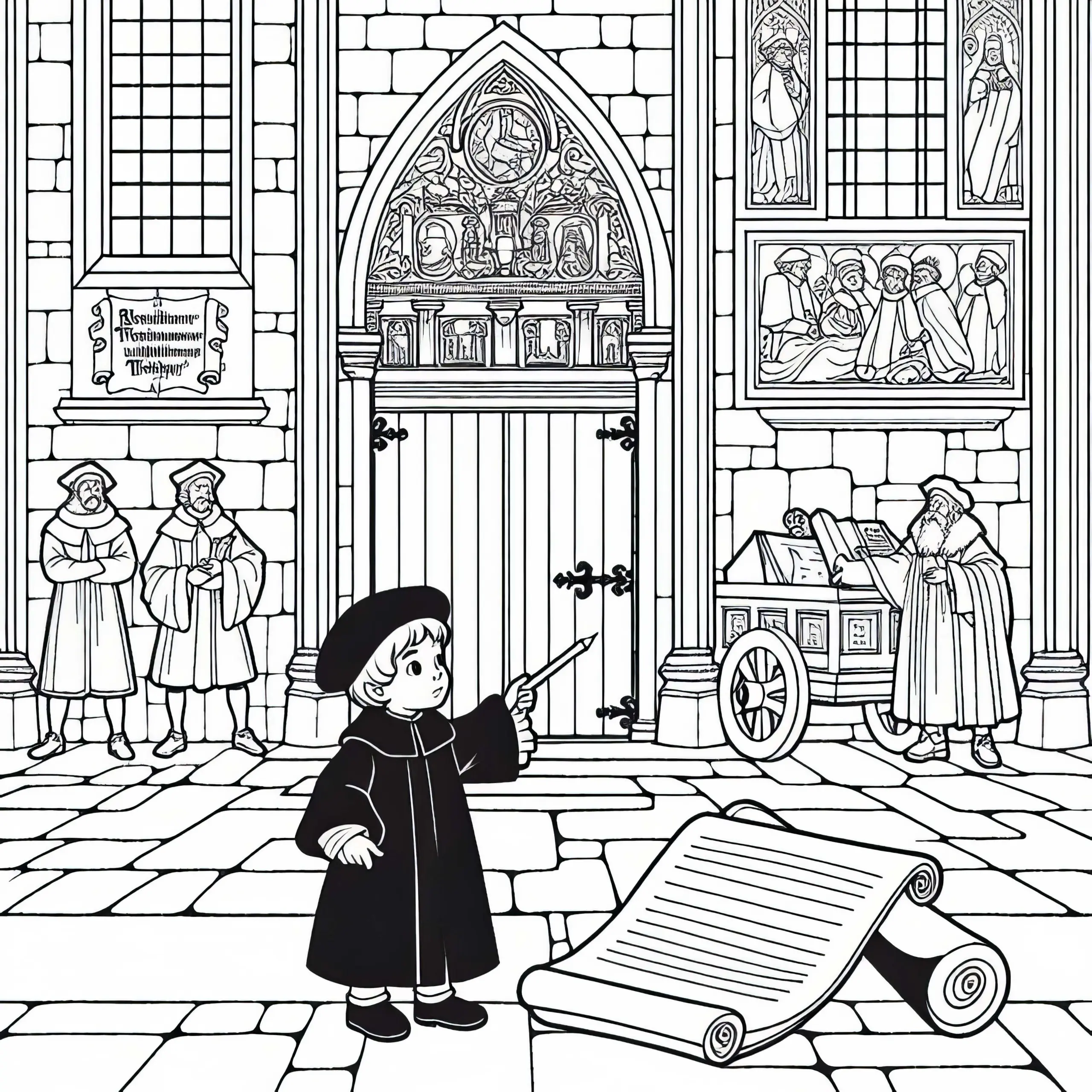 Kind steht vor Kirchentür in Wittenberg – Malvorlage Reformation gratis (Ausmalbild)