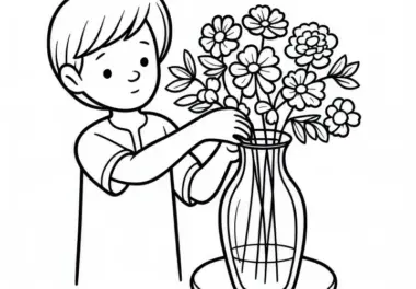 Kind stellt Blumen in Glasvase – Malvorlage Kostenlos