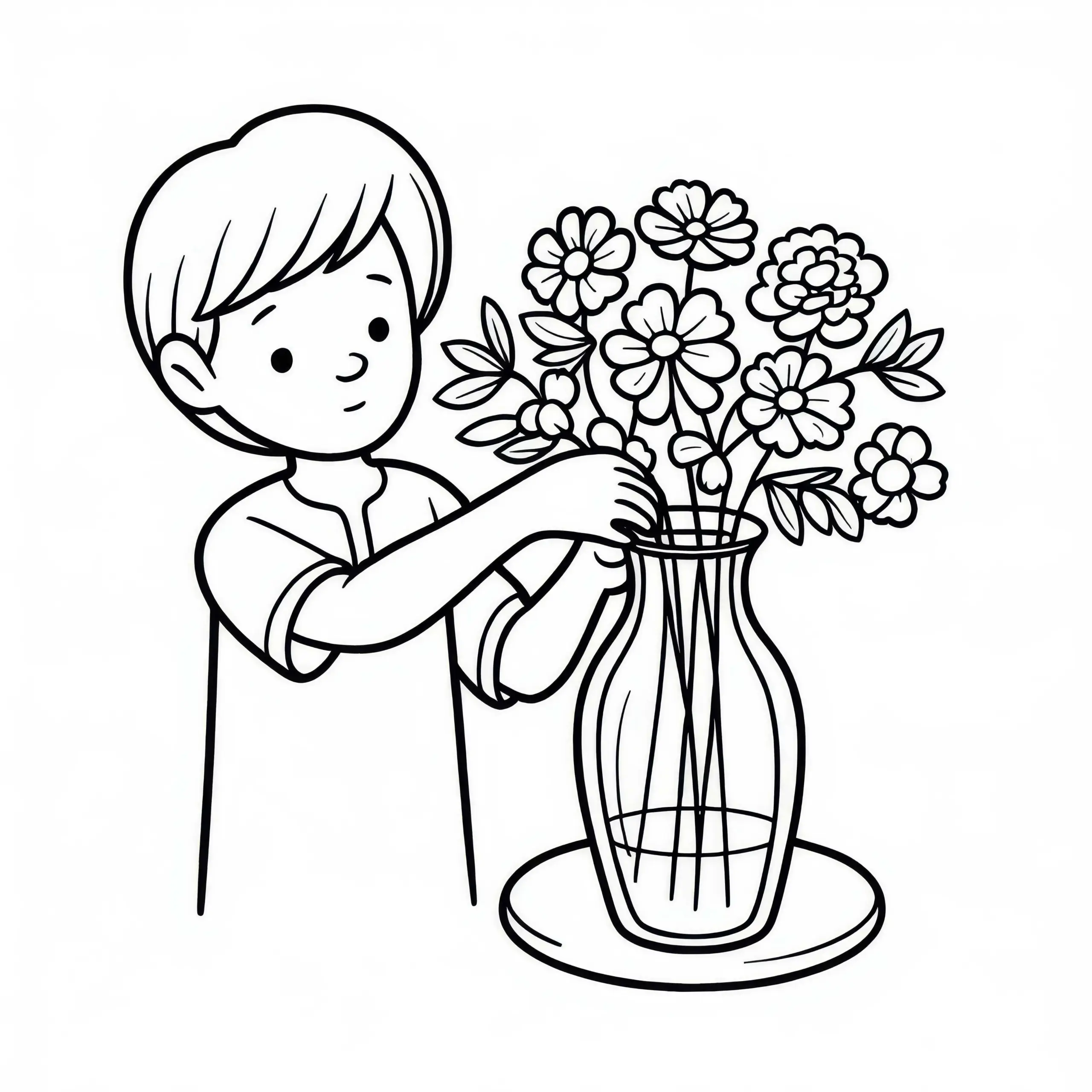 Kind stellt Blumen in Glasvase – Malvorlage Kostenlos (Ausmalbild)
