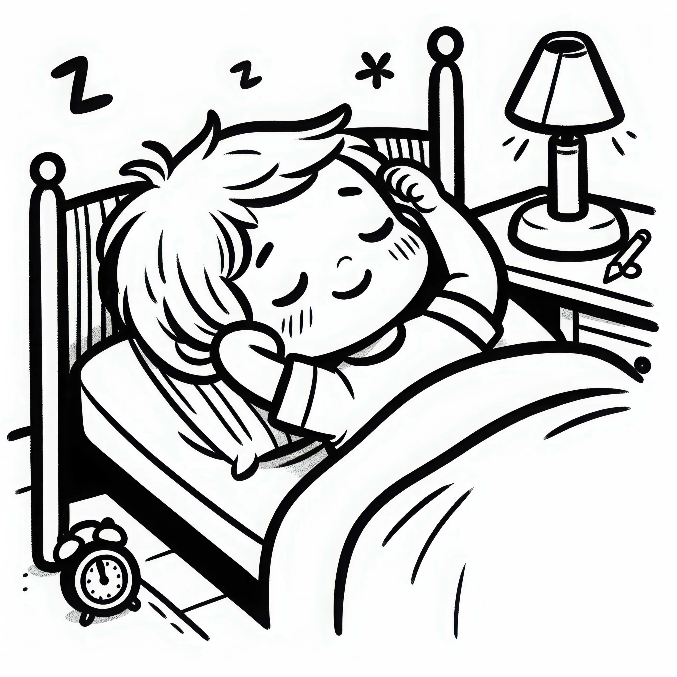 Kind streckt sich verschlafen im Bett – Malvorlage gratis (Ausmalbild)