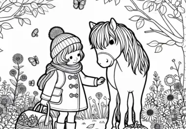 Kind streichelt Pony Malvorlage Herbst kostenlos