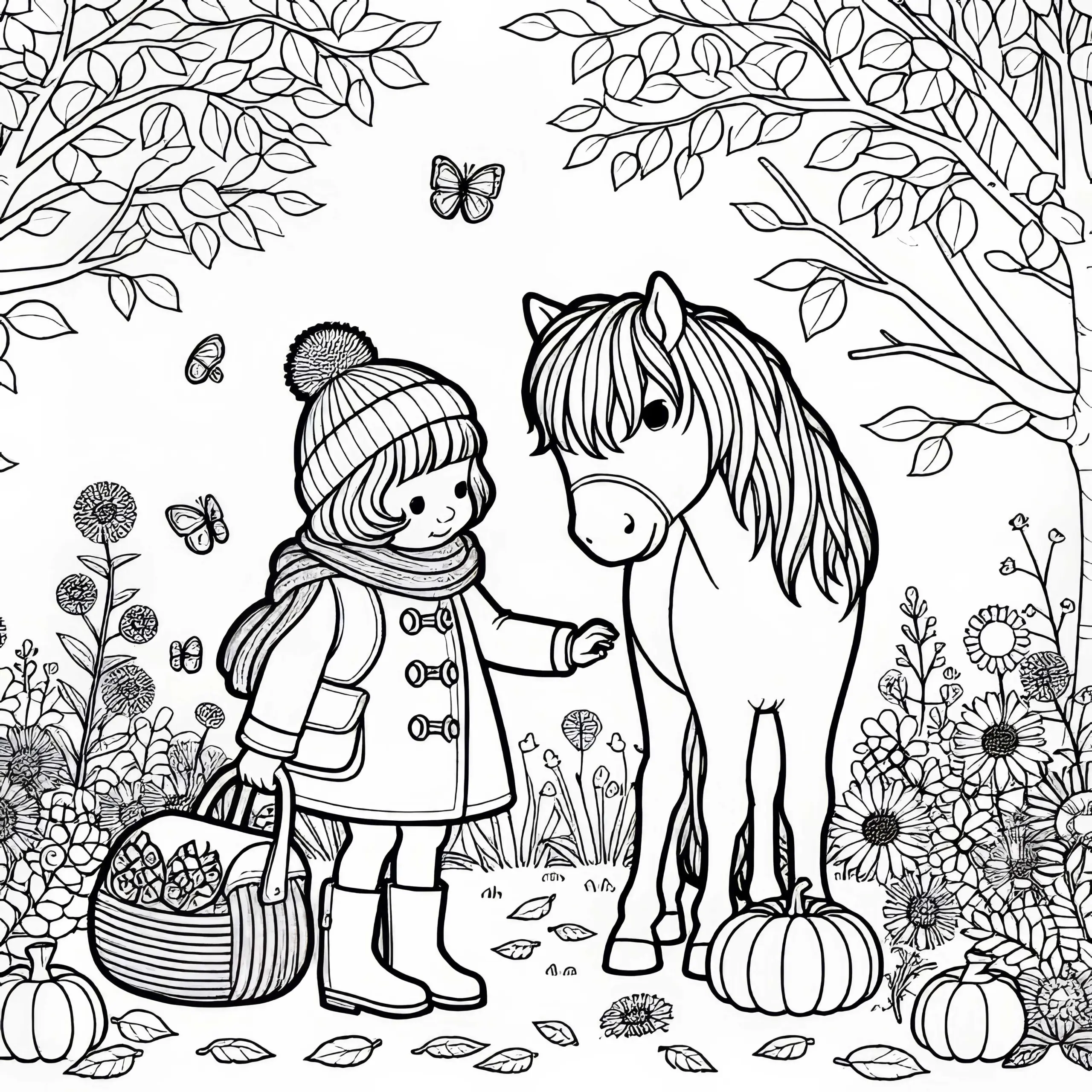 Kind streichelt Pony Malvorlage Herbst kostenlos (Ausmalbild)