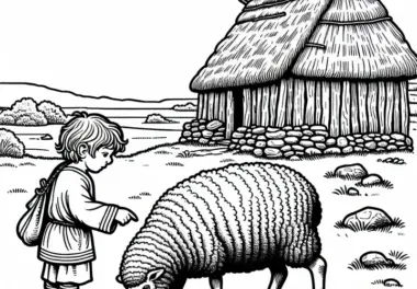 Kind streichelt Schaf vor einer Hütte – Ausmalbild Germanen gratis