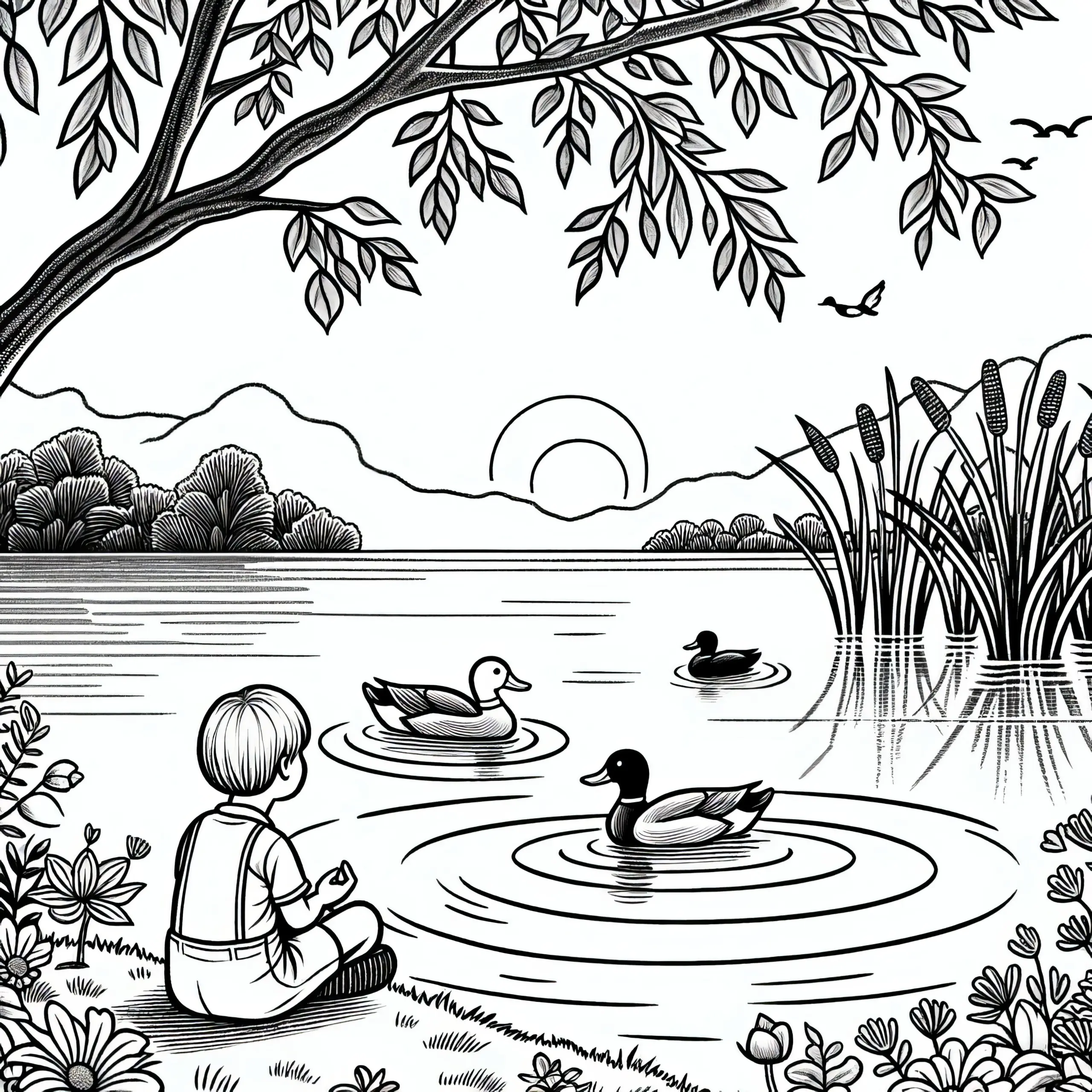 Kind am Teich mit Enten: Ausmalbild (Kostenlos)
